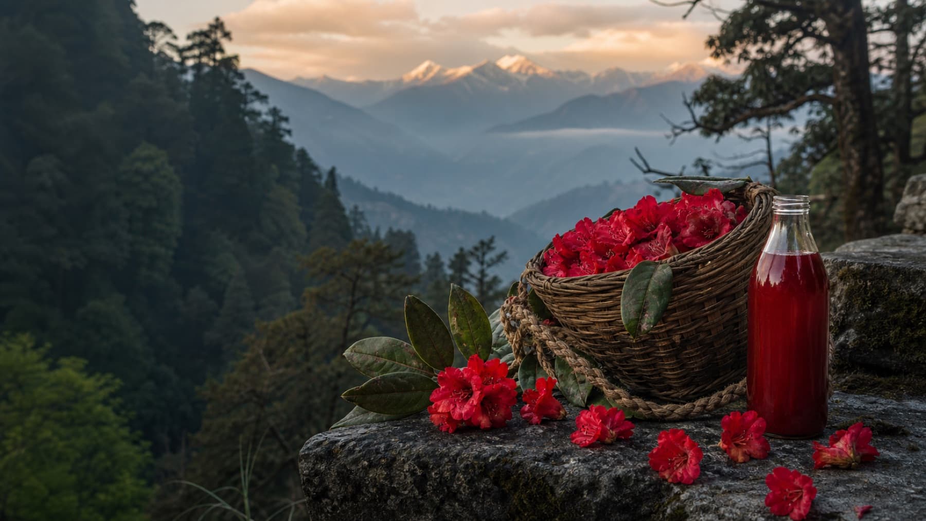Fresh buransh blossoms and ruby juice in the Himalayan forest