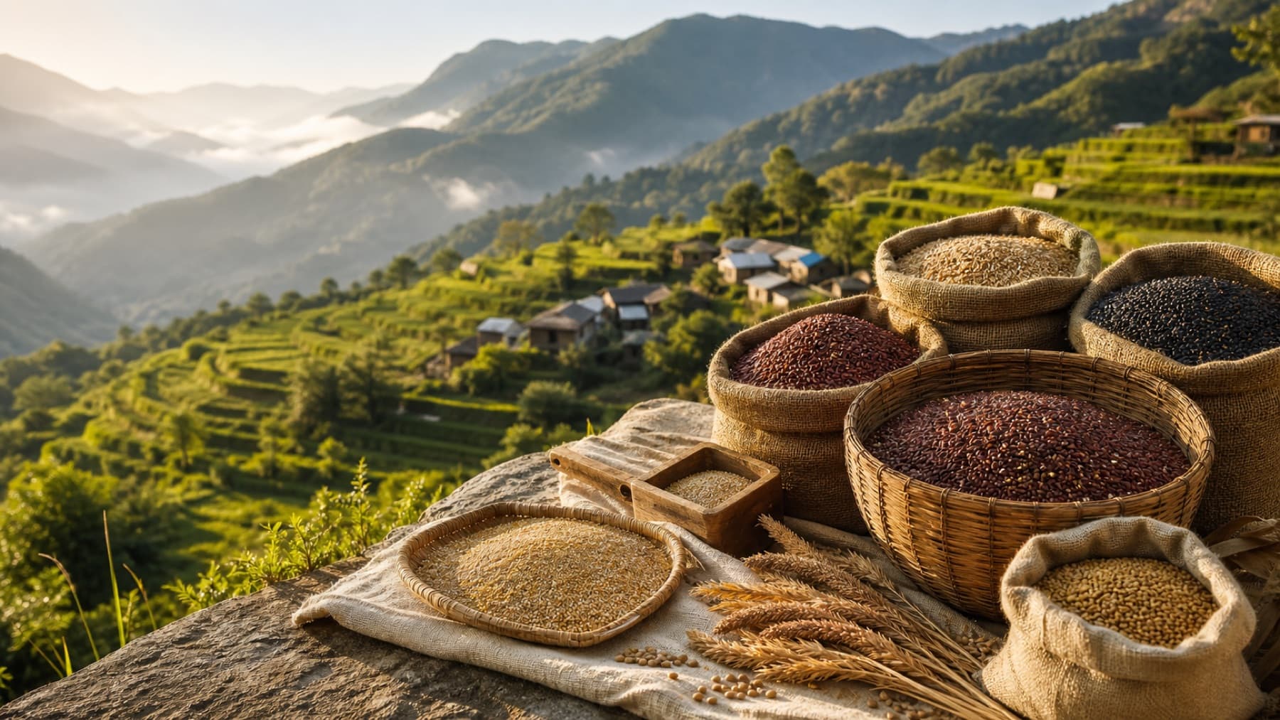 Hill grains and pulses overlooking terraced village farms