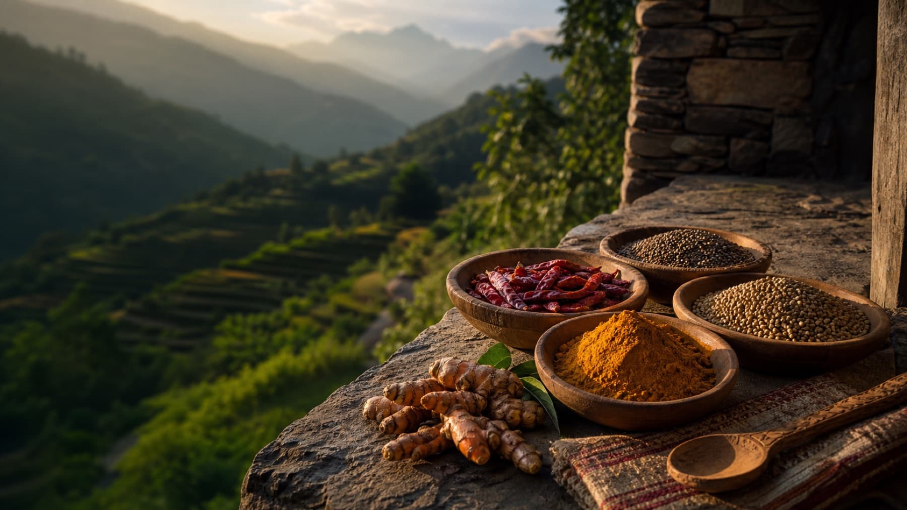 Uttarakhand turmeric, chillies and whole spices beside terraced hills